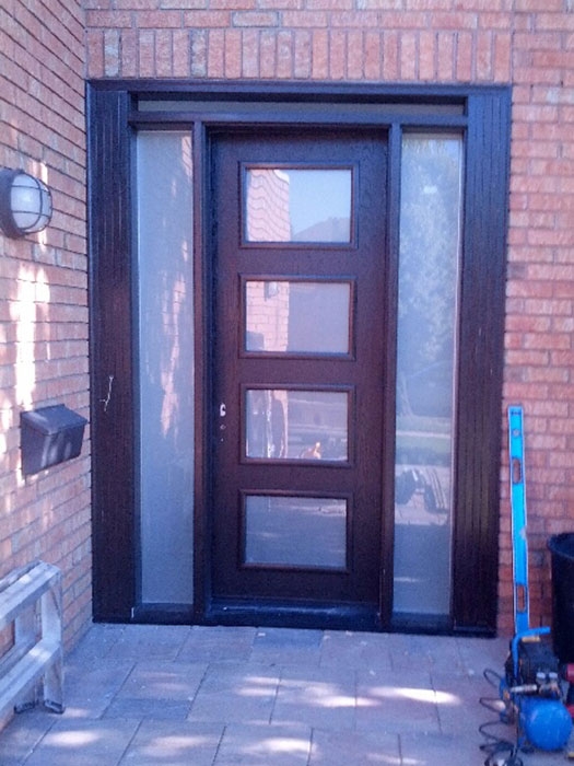 Front Entry Door-Modern Door-Modern Fiberglass Door with 4 Door Lites and 2 Frosted Side Lites Installed in Burlington-Ontario