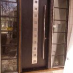 Modern Contemporary Fiberglass Door with Steel Stripes and 2 side lites installed in Toronto, Ontario-by modern-doors.ca