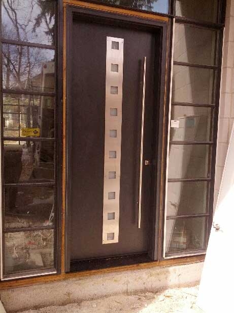 Modern Contemporary Fiberglass Door with Steel Stripes and 2 side lites installed in Toronto, Ontario-by modern-doors.ca