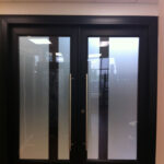Modern Contemporary Front Entry Double Doors, Fiberglass Modern Double Doors with Frosted Glass installed by modern-doors.ca in Richmond Hill Onatrio