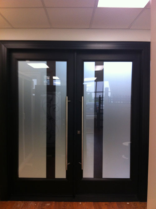 Modern Contemporary Front Entry Double Doors, Fiberglass Modern Double Doors with Frosted Glass installed by modern-doors.ca in Richmond Hill Onatrio