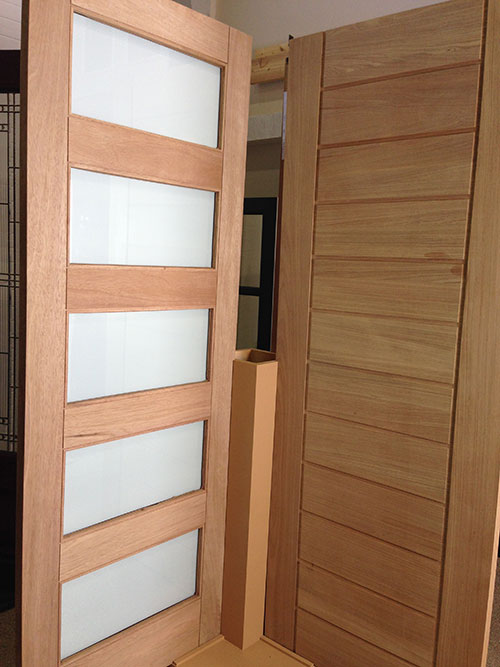 Modern Contemporary Front Entrance Wood Doors with Frosted Glass Designed by modern-doors.ca Installed in Whitby Ontario