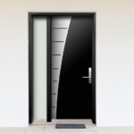 Modern Contemporary Wood Door with Stainless Steel Design & Side Lites installed in Oakville, Ontario by Modern-doors.ca
