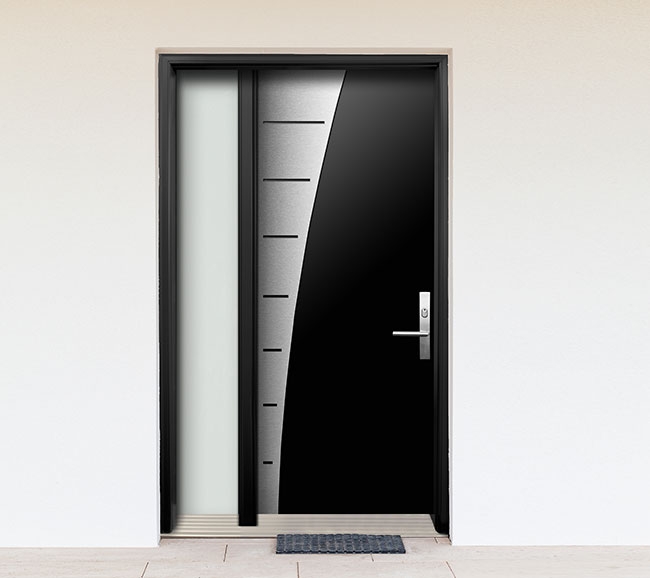 Modern Contemporary Wood Door with Stainless Steel Design & Side Lites installed in Oakville, Ontario by Modern-doors.ca
