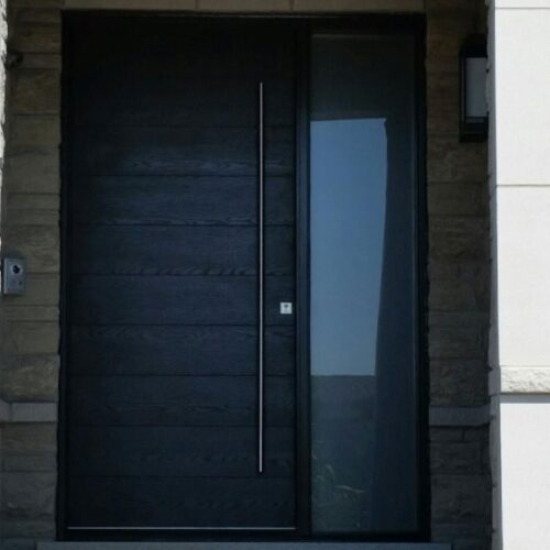 Modern Exterior Front Door-Modern Rustic Woodgrain Front Door with Stainless Steel Bar and Multi Point Locks Installed by Giant Door Manufacturers Inc