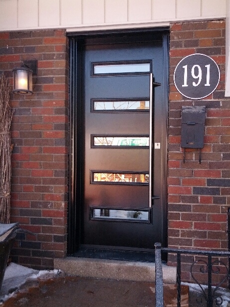 Modern Single Fiberglass Door with Horizontal Stripes Installed in Toronto-Ontario by Modern-doors.ca