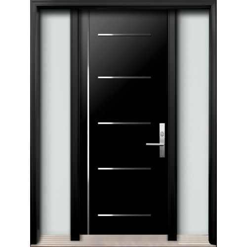 Modern fiberglass door with stainless steel stripes and 2 side lights-installed in Mississuaga, Ontario, by Modern-doors.ca